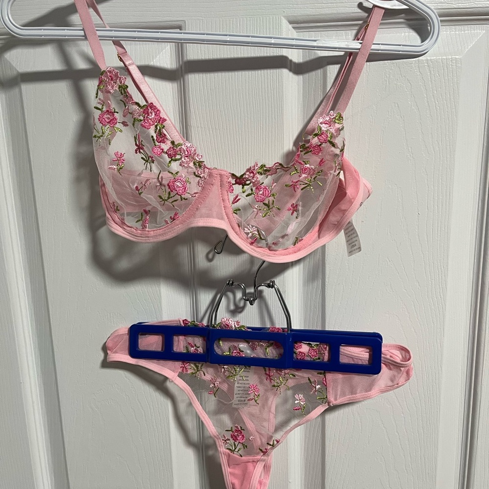 Floral Embroidered Pink Lingerie Set
